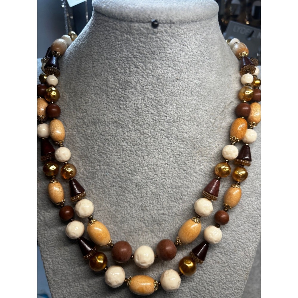 #33. Vintage West Germany Double Strand Earthy Mod Beaded Statement Necklace